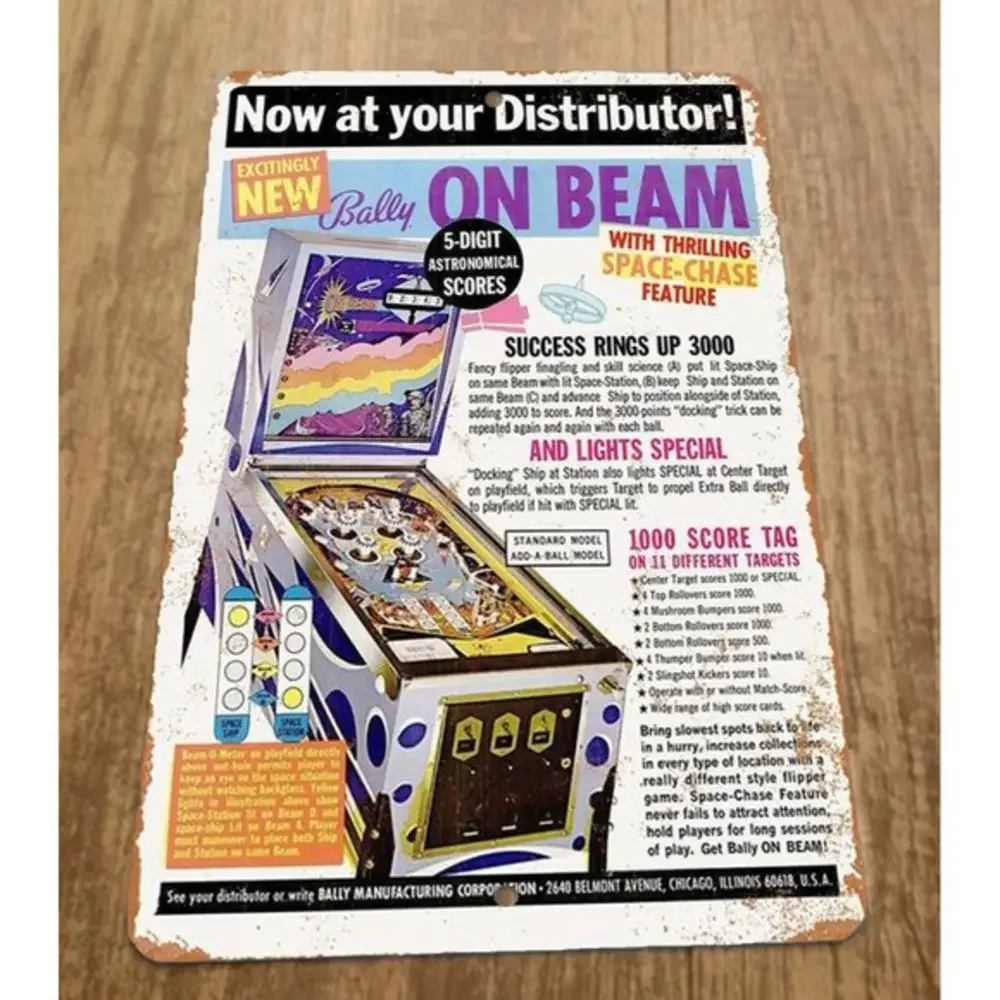 Bally on Beam Pinball Machine Vintage Arcade Game Room 8x12‎ Metal Wall Sign